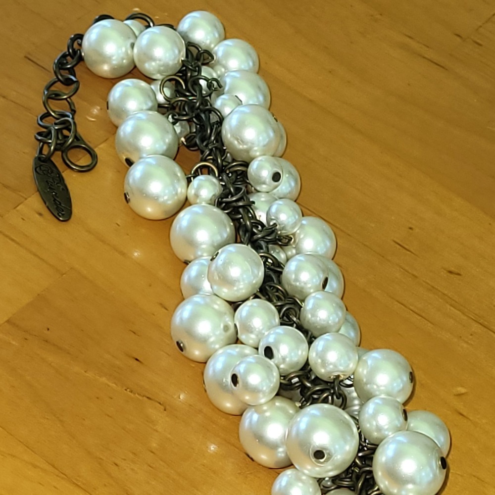 PLUNDER Faux Pearl Cluster Statement Bracelet Antique Bronze 10in 141g
